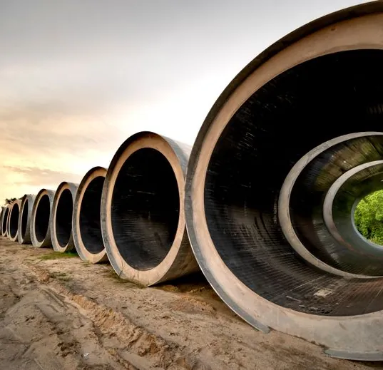 Sections of large sewer pipe staged at a dig site